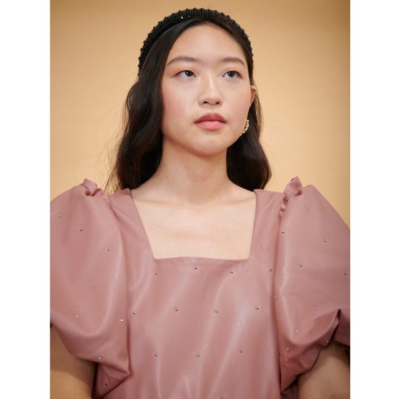 DREAM Sister Jane Woodland Gem Mini Dress Faux Leather Puff Sleeve Square Neck S - Picture 3 of 5